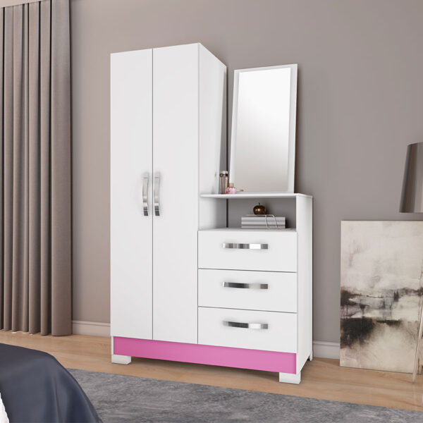 COMODA MULTIUSO 2 PUERTAS 3 CAJONES CON ESPEJO NT5165 NOTAVEL BLANCO|ROSA