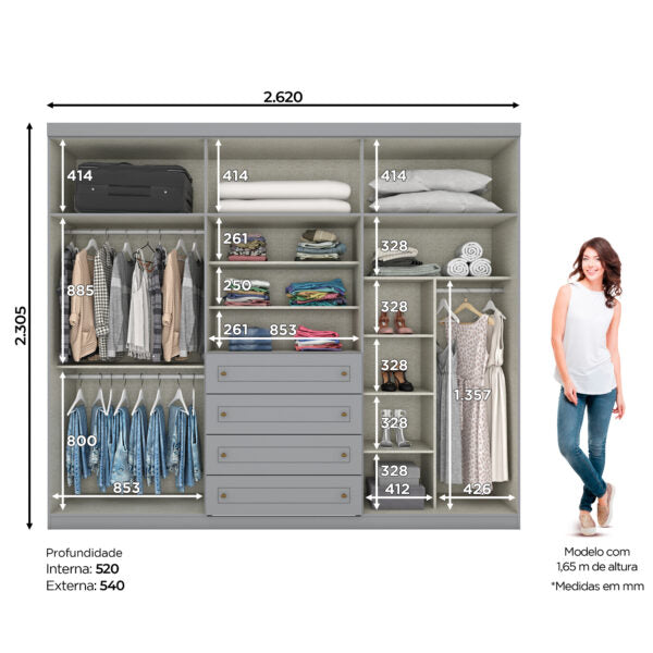 ROPERO 6 PUERTAS 4 CAJONES AMERICANO D205 HENN GRIS
