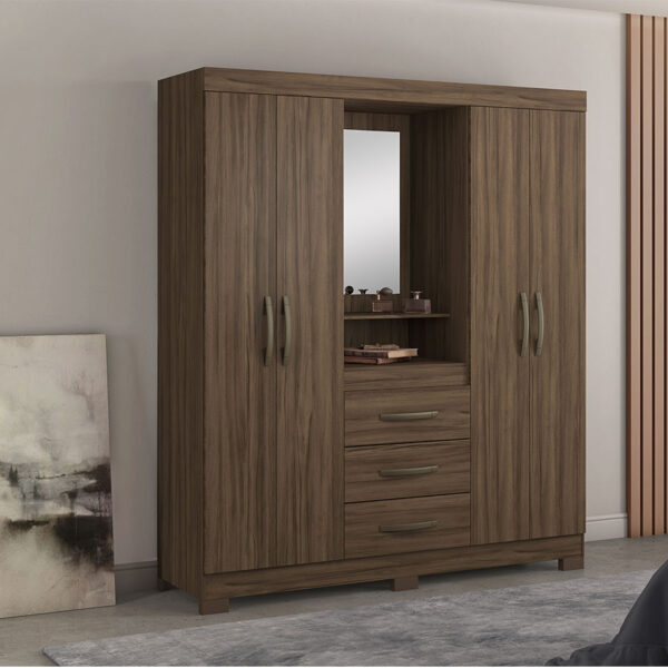 ROPERO 4 PUERTAS 3 CAJONES CON ESPEJO CAPELINHA NT5015 NOTAVEL NOGAL TREND
