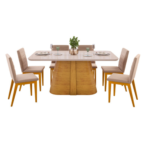 CONJUNTO COMEDOR 1800 CON VIDRIO RYZE 6 SILLAS SOFIA DJ CEDRO | OFF WHITE | VELUDO CREME