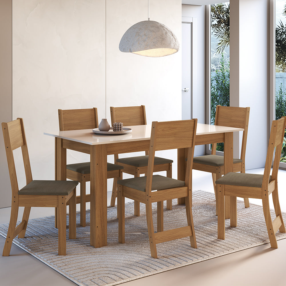 CONJUNTO COMEDOR 1500 6 SILLAS ATLANTA INDÉKES FREIJO | OFF WHITE | TELA CACAO