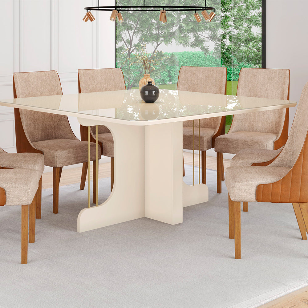 CONJUNTO COMEDOR 1500 CON VIDRIO MAVI 8 SILLAS IVY HENN OFF WHITE | TAPIZADO CORANO CARAMELO | CREME