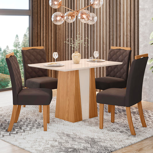 CONJUNTO COMEDOR 1200 ORUS 4 SILLAS BELLA HENN NATURE | OFF WHITE | TAPIZADO MARRON EXPRESSO