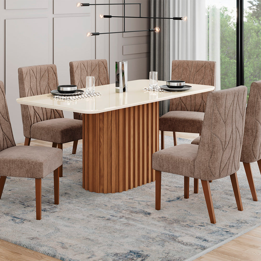 CONJUNTO COMEDOR 1800 CON VIDRIO SOLANA 6 SILLAS ELOA HENN NATURE | OFF WHITE | TAPIZADO CACAO