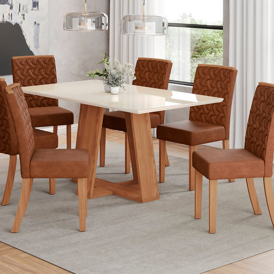 CONJUNTO COMEDOR 1600 CON VIDRIO LINS 6 SILLAS ESTHER HENN NATURE | OFF WHITE | TAPIZADO CORANO CARAMELO