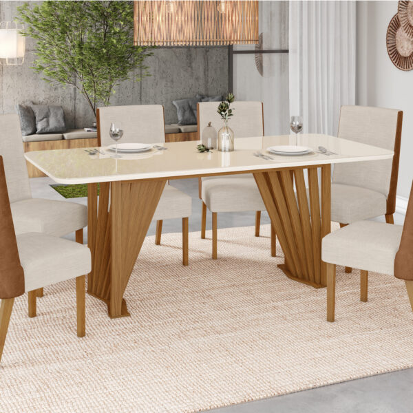 CONJUNTO COMEDOR ARREDONDADA CON VIDRIO ADRIANA 6 SILLAS ANNE HENN NATURE|OFF WHITE SILLA CUERO ECOLOGICO|LINO